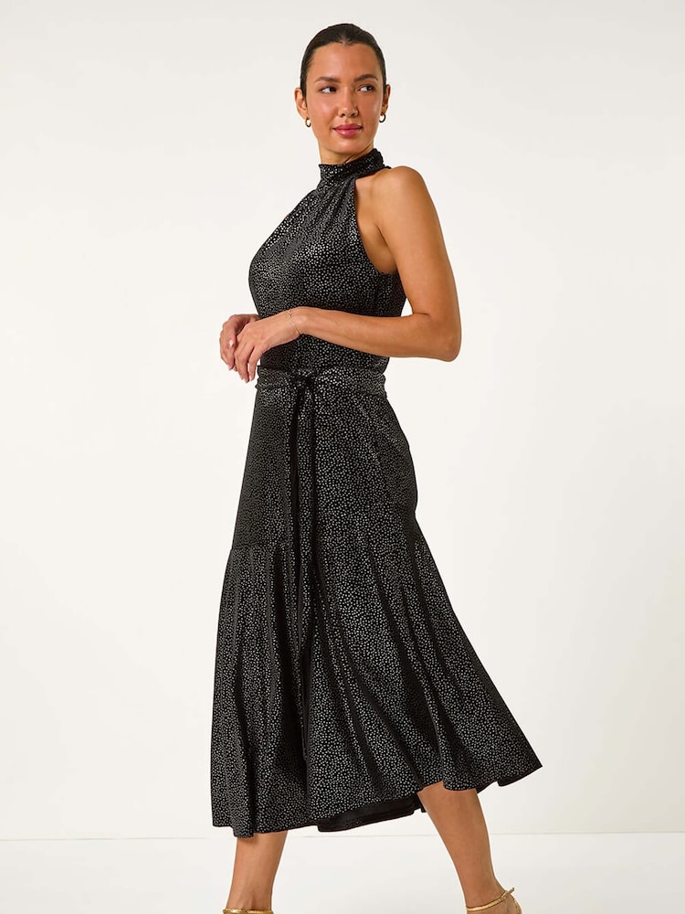Roman Black Velvet Halter Neck Ruffle Hem Midi Dress - Image 3 of 5