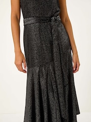 Roman Black Velvet Halter Neck Ruffle Hem Midi Dress - Image 5 of 5