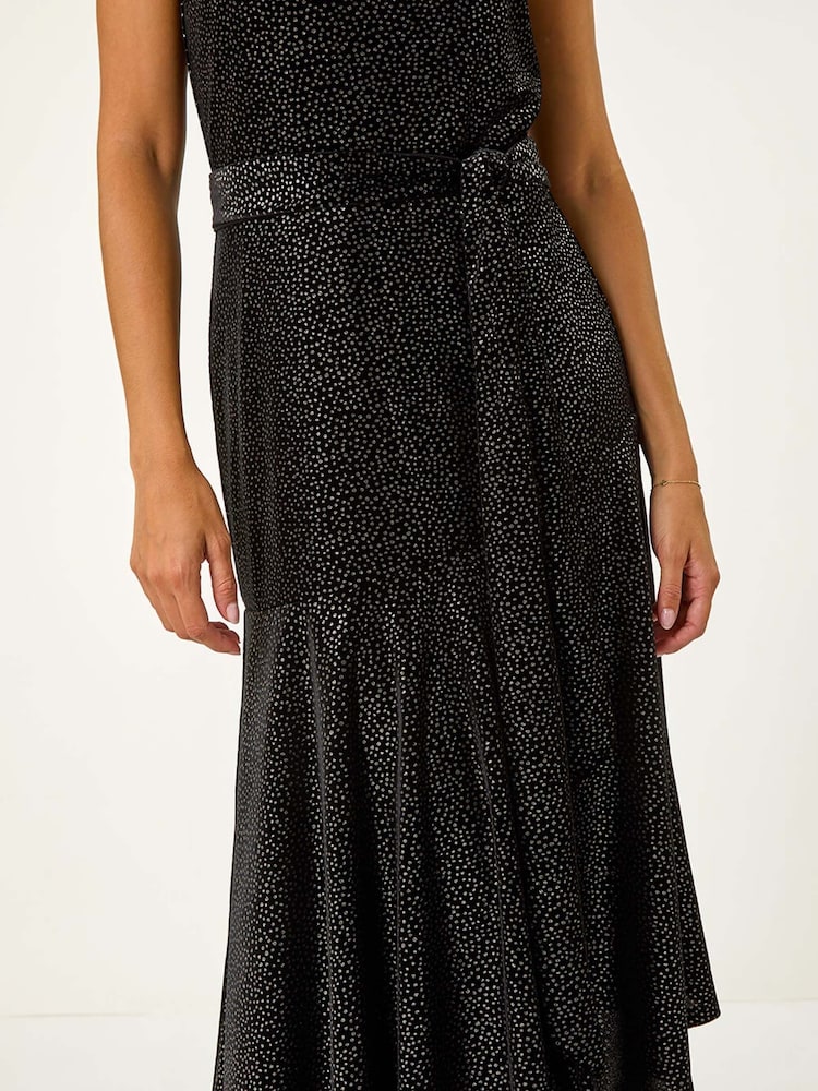 Roman Black Velvet Halter Neck Ruffle Hem Midi Dress - Image 5 of 5