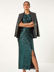 Roman Green Sequin Twist Front Maxi Stretch Dress - Image 1 of 6