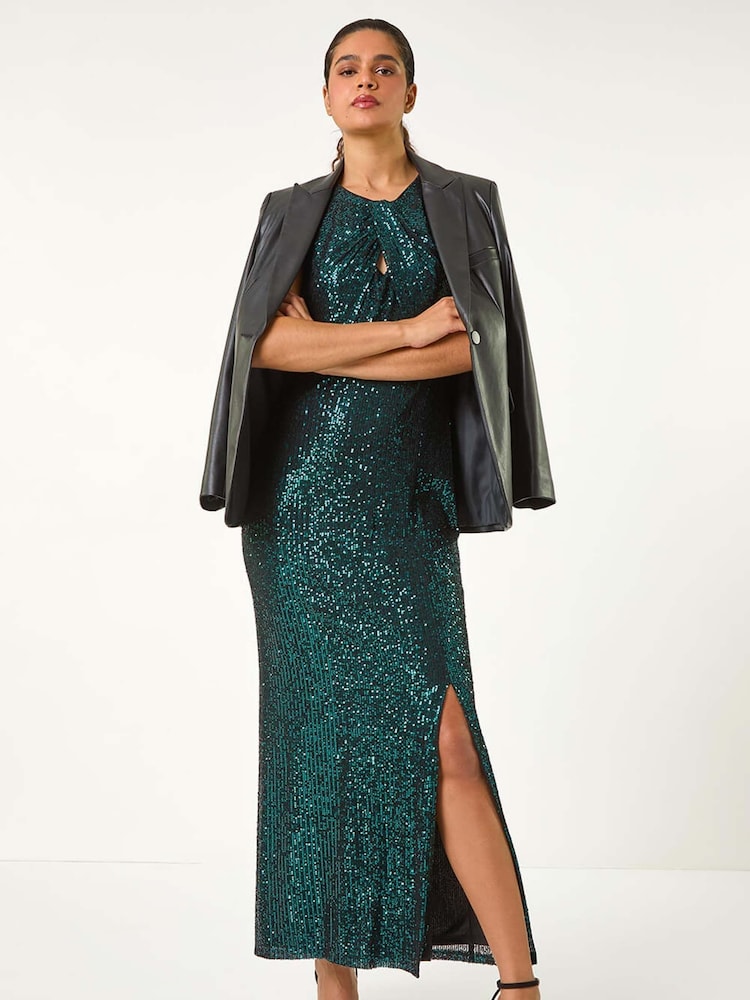 Roman Green Sequin Twist Front Maxi Stretch Dress - Image 1 of 6