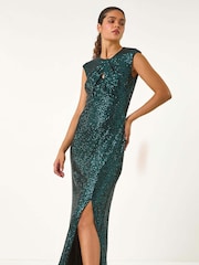 Roman Green Sequin Twist Front Maxi Stretch Dress - Image 3 of 6
