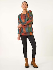 Roman Red Patchwork Print Drop Shoulder Stretch Top - Image 1 of 5
