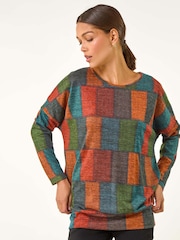 Roman Red Patchwork Print Drop Shoulder Stretch Top - Image 2 of 5