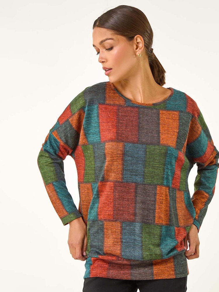 Roman Red Patchwork Print Drop Shoulder Stretch Top - Image 2 of 5