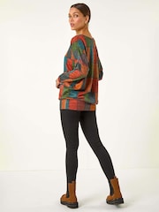 Roman Red Patchwork Print Drop Shoulder Stretch Top - Image 3 of 5