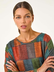 Roman Red Patchwork Print Drop Shoulder Stretch Top - Image 4 of 5
