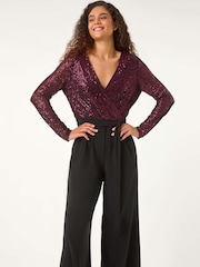 Roman Sequin Wrap V-Neck Stretch Jumpsuit - Imagen 1 de 5