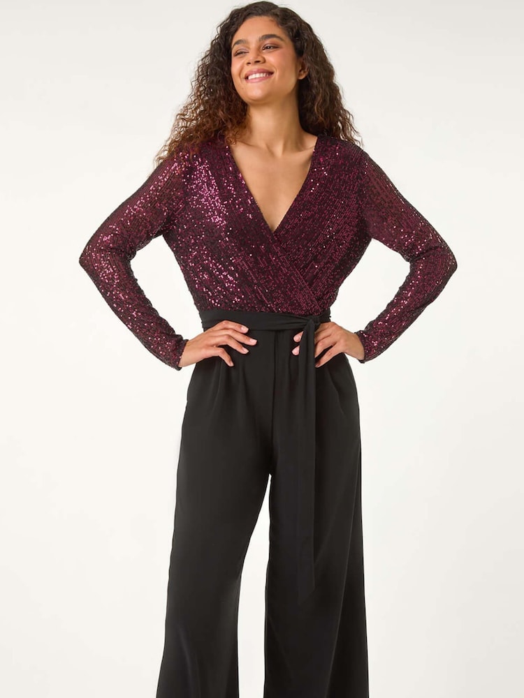 Roman Sequin Wrap V-Neck Stretch Jumpsuit - Imagen 1 de 5