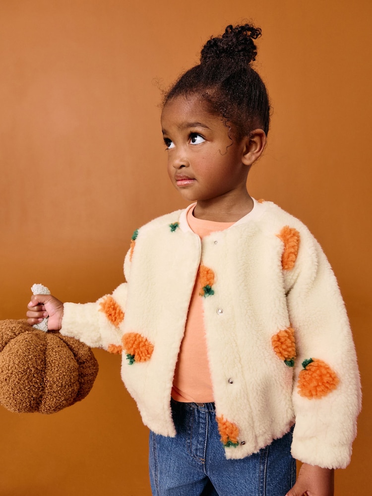 Cream Pumpkin Borg Fleece Bomber Jacket (3mths-8yrs) - Image 1 of 7 Cream Pumpkin Borg Fleece Bomber Jacket (3mths-8yrs) - Image 1 of 7