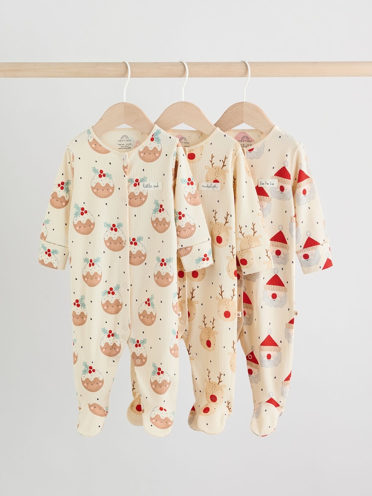 Ecru Baby Christmas Popper Sleepsuits 3 Pack (0mths-2yrs) - Image 1 of 14