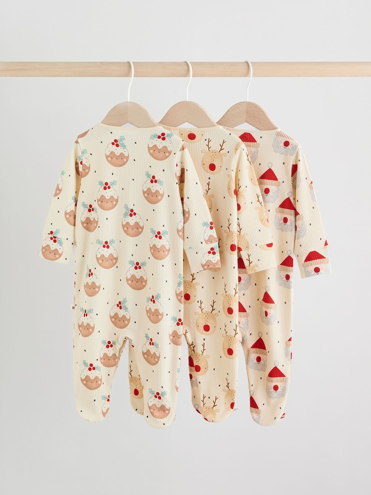 Ecru Baby Christmas Popper Sleepsuits 3 Pack (0mths-2yrs) - Image 2 of 14