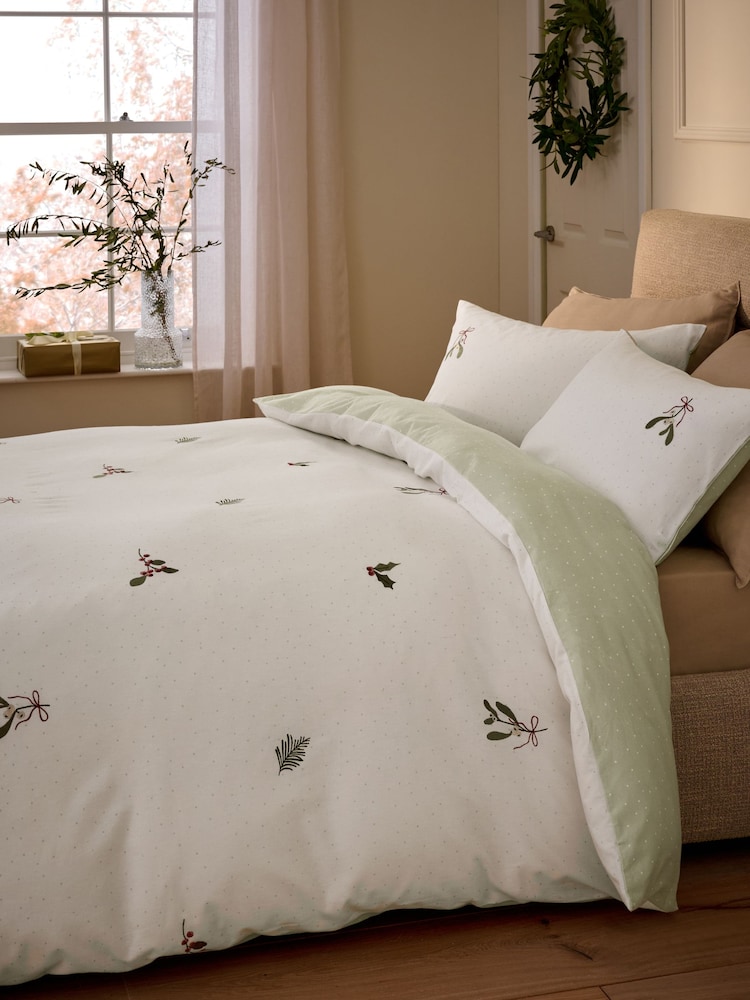 Green Foliage Christmas Brushed Embroidery Duvet Cover and Pillowcase Set - Image 1 of 5