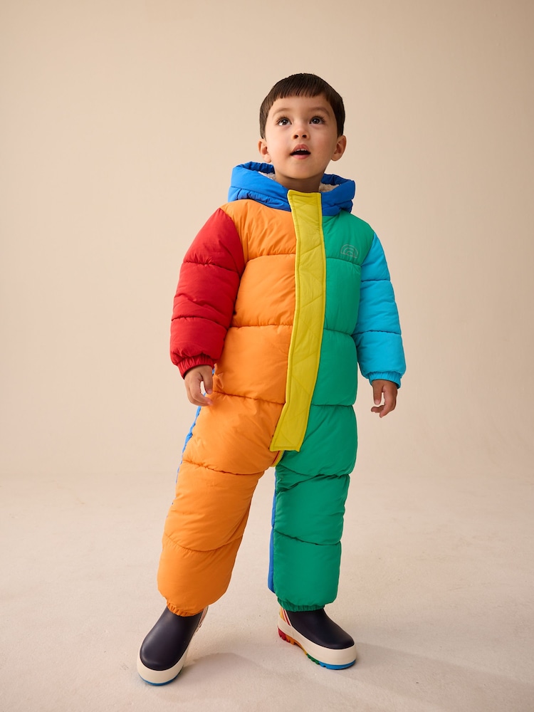 Little Bird by Jools Oliver Multi Rainbow Shower Resistant Colourblock Snowsuit - Image 1 of 14 Little Bird by Jools Oliver Multi Rainbow Shower Resistant Colourblock Snowsuit - Image 1 of 14