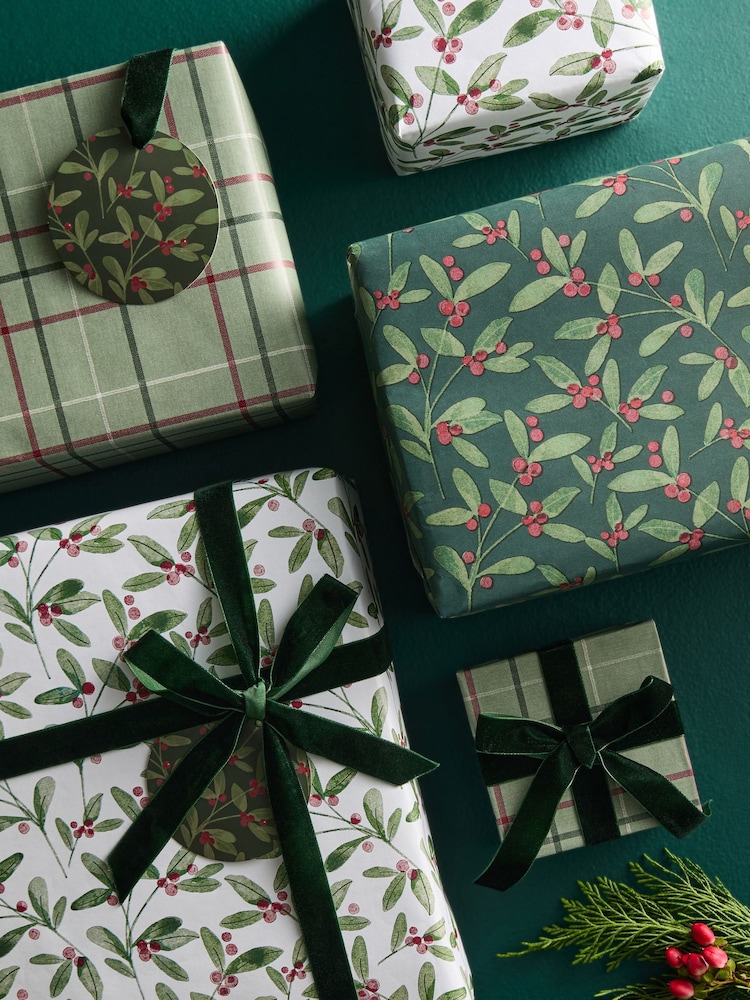 Green Berries Luxury Set of 3, 3m Christmas Wrapping Paper - Image 1 of 3 Green Berries Luxury Set of 3, 3m Christmas Wrapping Paper - Image 1 of 3