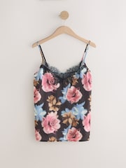 Black Floral Print Lace Trim Cami Top - Image 1 of 3