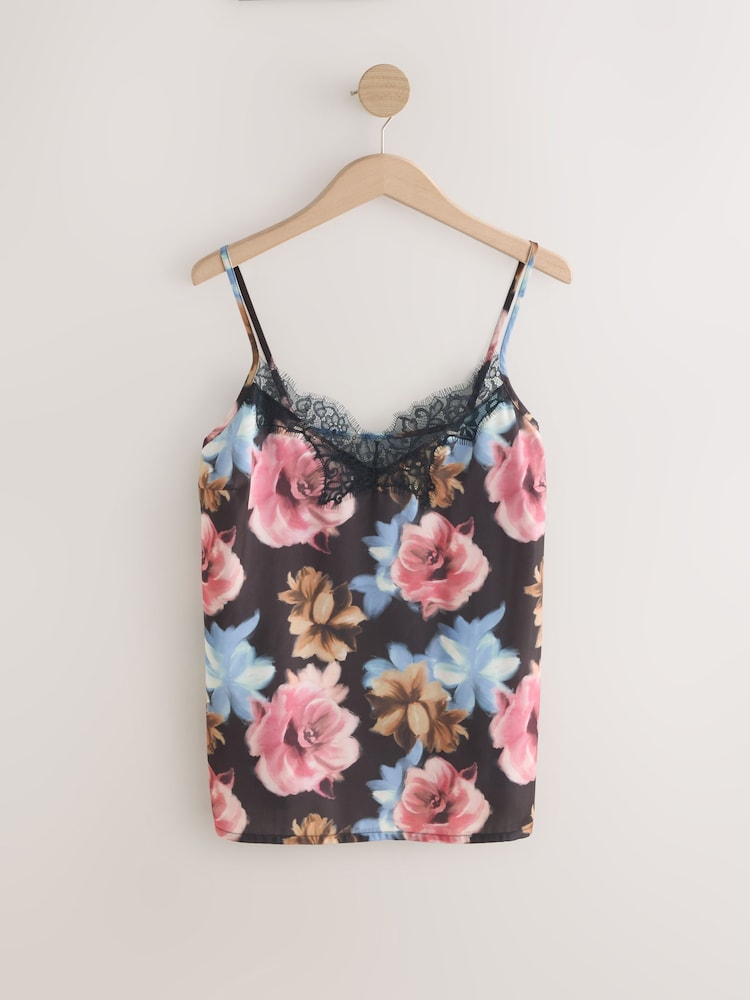 Black Floral Print Lace Trim Cami Top - Image 1 of 3