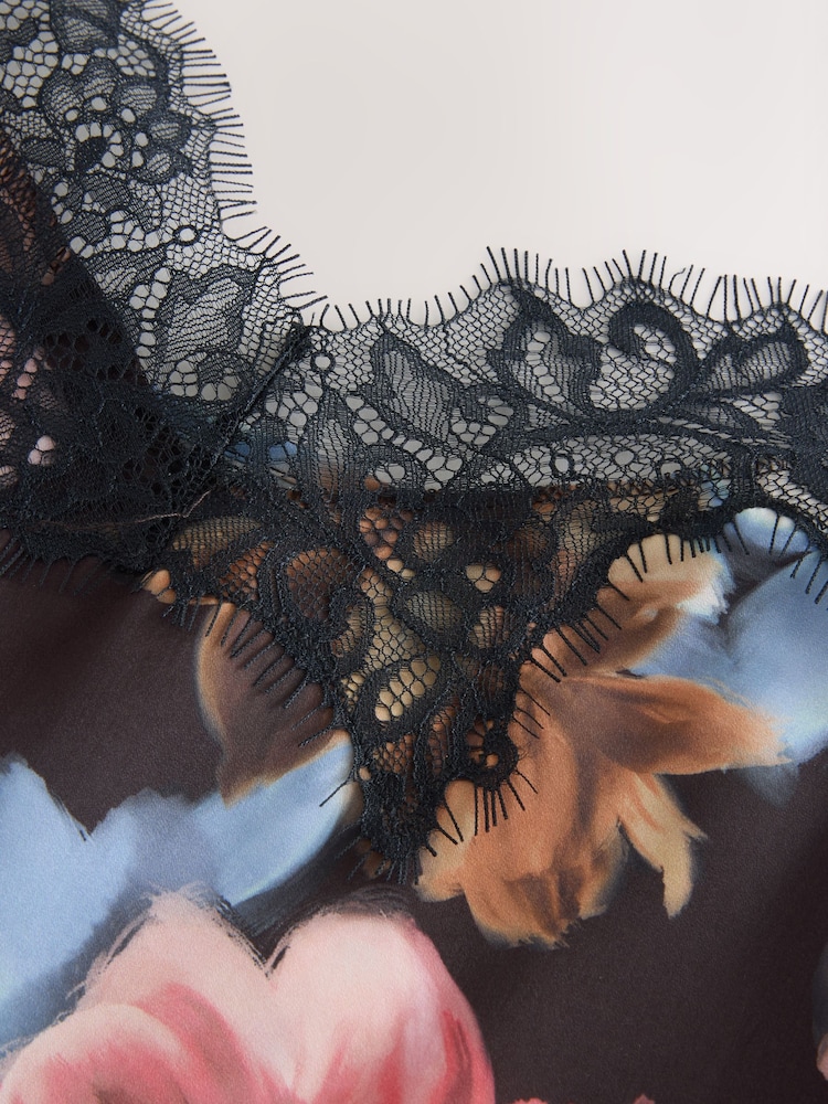 Black Floral Print Lace Trim Cami Top - Image 2 of 3