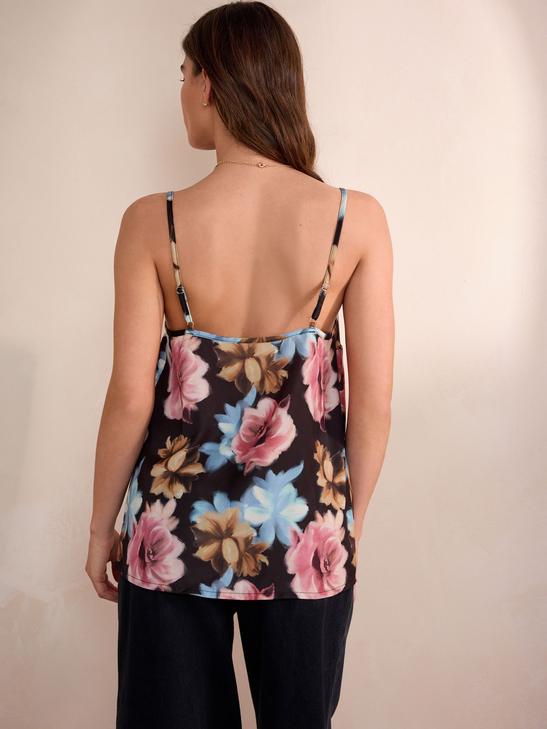 Buy Black Floral Print Lace Trim Strappy Cami Top from the Next UK