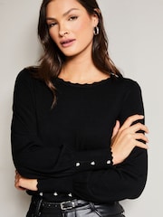 Lipsy Black Scallop Detail Long Sleeve Knitted Jumper - Image 2 of 7