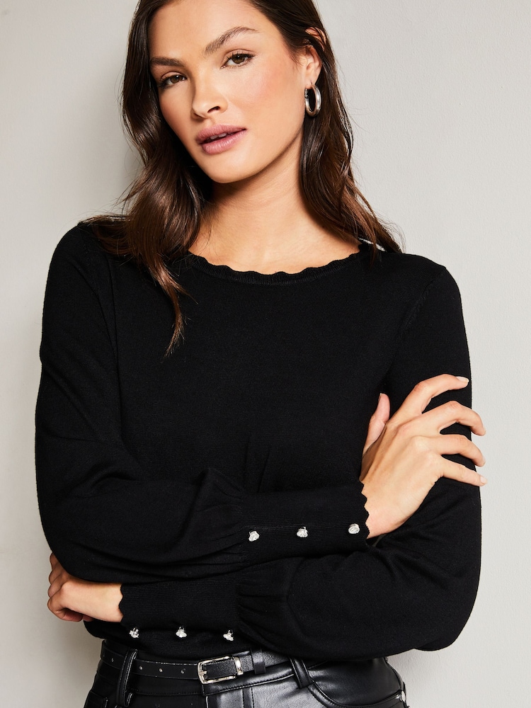 Lipsy Black Scallop Detail Long Sleeve Knitted Jumper - Image 2 of 7