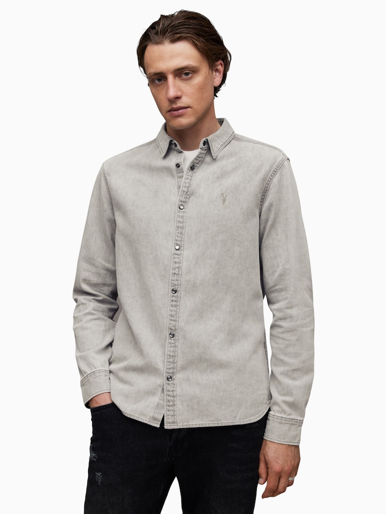 AllSaints Grey Gleason 100% Organic Cotton Shirt - Image 1 of 6