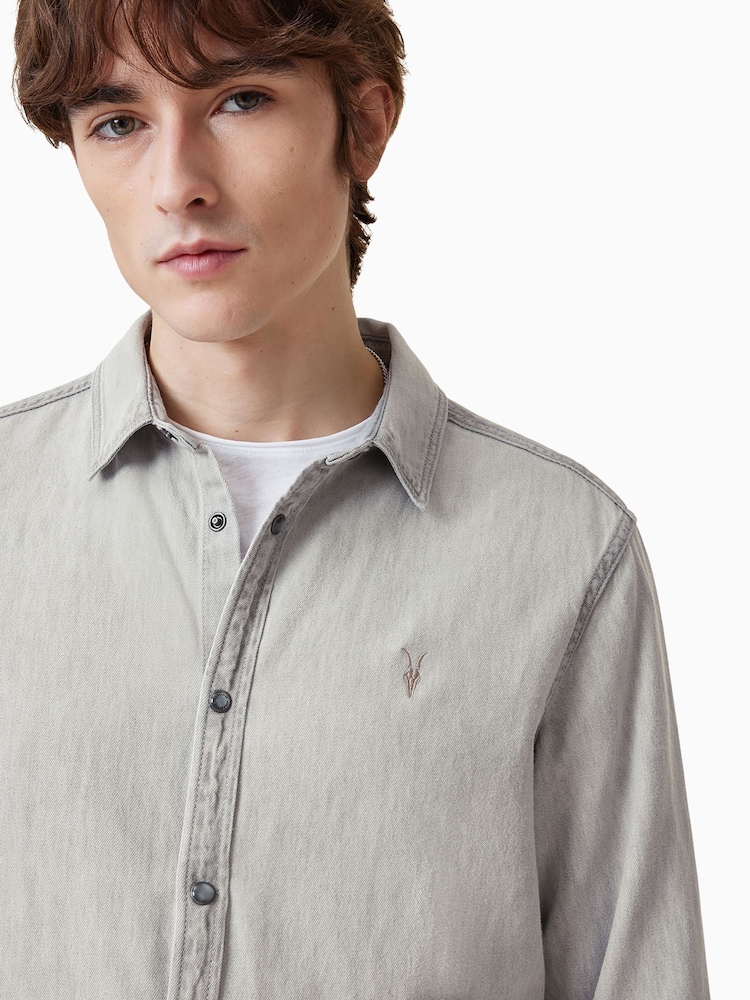 AllSaints Grey Gleason Grey Long Sleeve Press Stud Shirt - Image 2 of 9 AllSaints Grey Gleason Grey Long Sleeve Press Stud Shirt - Image 2 of 9