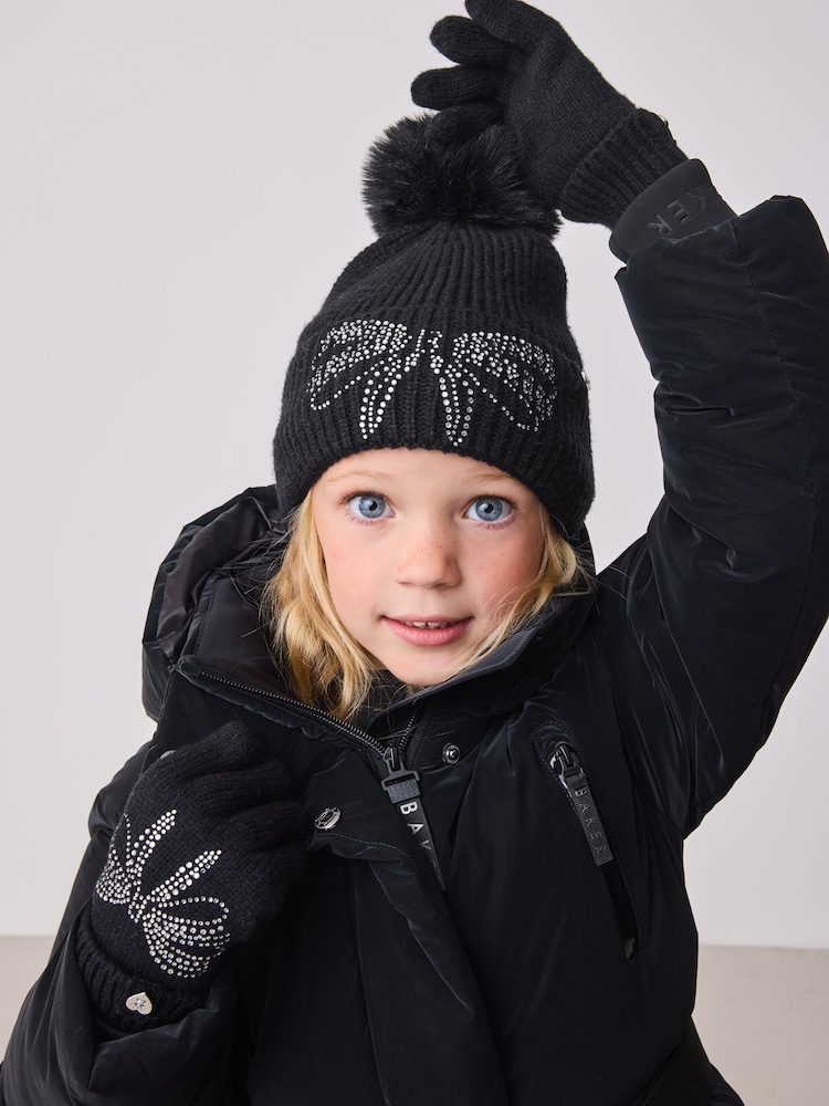 Schwarz - Baker by Ted Baker Girls Knitted Diamanté Bow Pom Hat and Gloves Set - Bild 1 von 8