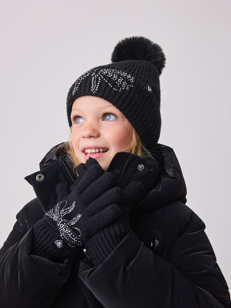 Schwarz - Baker by Ted Baker Girls Knitted Diamanté Bow Pom Hat and Gloves Set - Bild 2 von 8