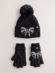 Schwarz - Baker by Ted Baker Girls Knitted Diamanté Bow Pom Hat and Gloves Set - Bild 4 von 8