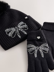 Schwarz - Baker by Ted Baker Girls Knitted Diamanté Bow Pom Hat and Gloves Set - Bild 5 von 8