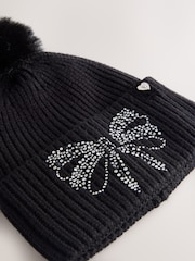 Schwarz - Baker by Ted Baker Girls Knitted Diamanté Bow Pom Hat and Gloves Set - Bild 6 von 8