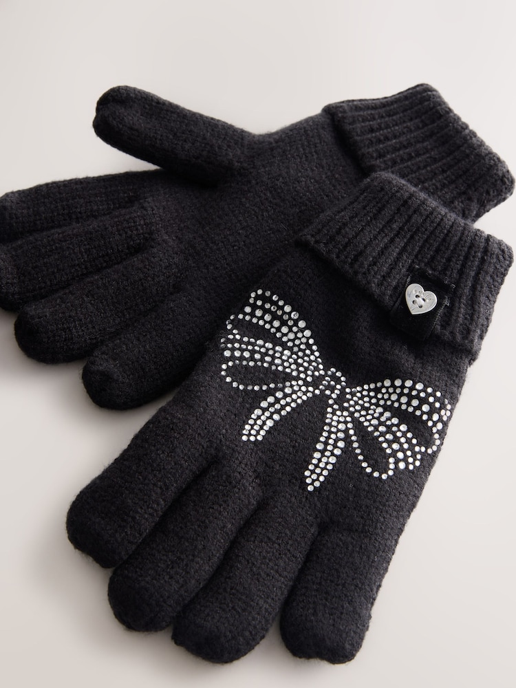 أسود - Baker by Ted Baker Girls Knitted Diamanté Bow Pom Hat and Gloves Set - صورة 6 من 6