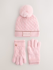 Baker by Ted Baker Girls Pink Knited Pom Hat and Gloves Set - Image 1 of 5