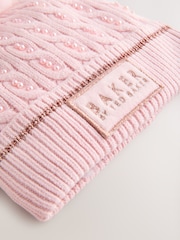 Baker by Ted Baker Girls Pink Knited Pom Hat and Gloves Set - Image 2 of 5