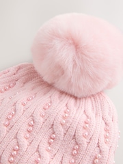 Baker by Ted Baker Girls Pink Knited Pom Hat and Gloves Set - Image 3 of 5