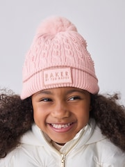 Baker by Ted Baker Girls Pink Knited Pom Hat and Gloves Set - Image 6 of 7