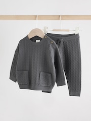 Anthrazitgrau - Baby Textured Knitted 100% Cotton Jumper and Leggings Set (0mths-3yrs) - Bild 3 von 12