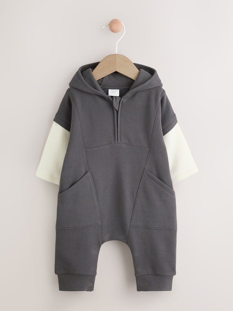 Black/White Baby Hooded Sweat Romper (0mths-3yrs) - Image 1 of 10 Black/White Baby Hooded Sweat Romper (0mths-3yrs) - Image 1 of 10