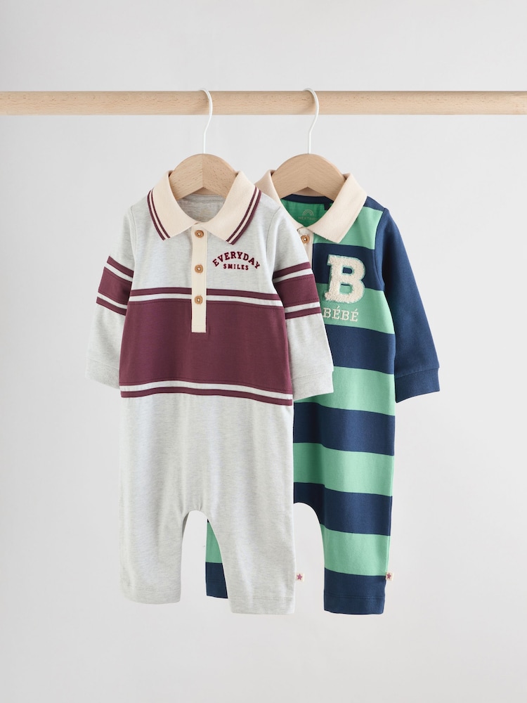 Blue/Green Striped - Baby Collared Jersey Rompers 2 Pack - Bild 1 von 14