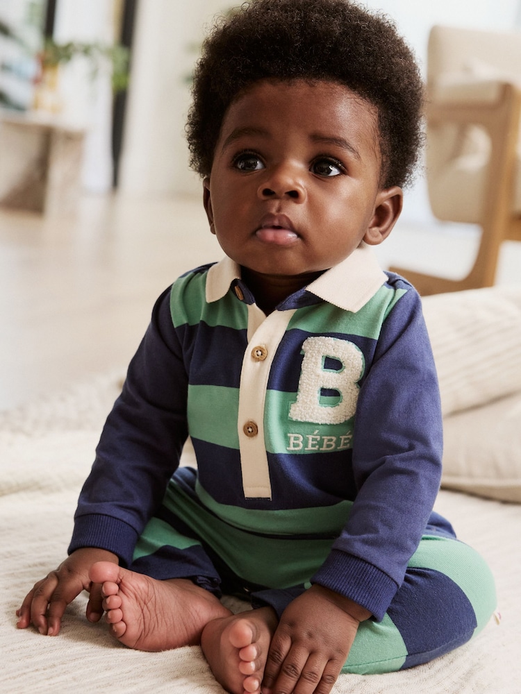 Blue/Green Striped - Baby Collared Jersey Rompers 2 Pack - Bild 2 von 14