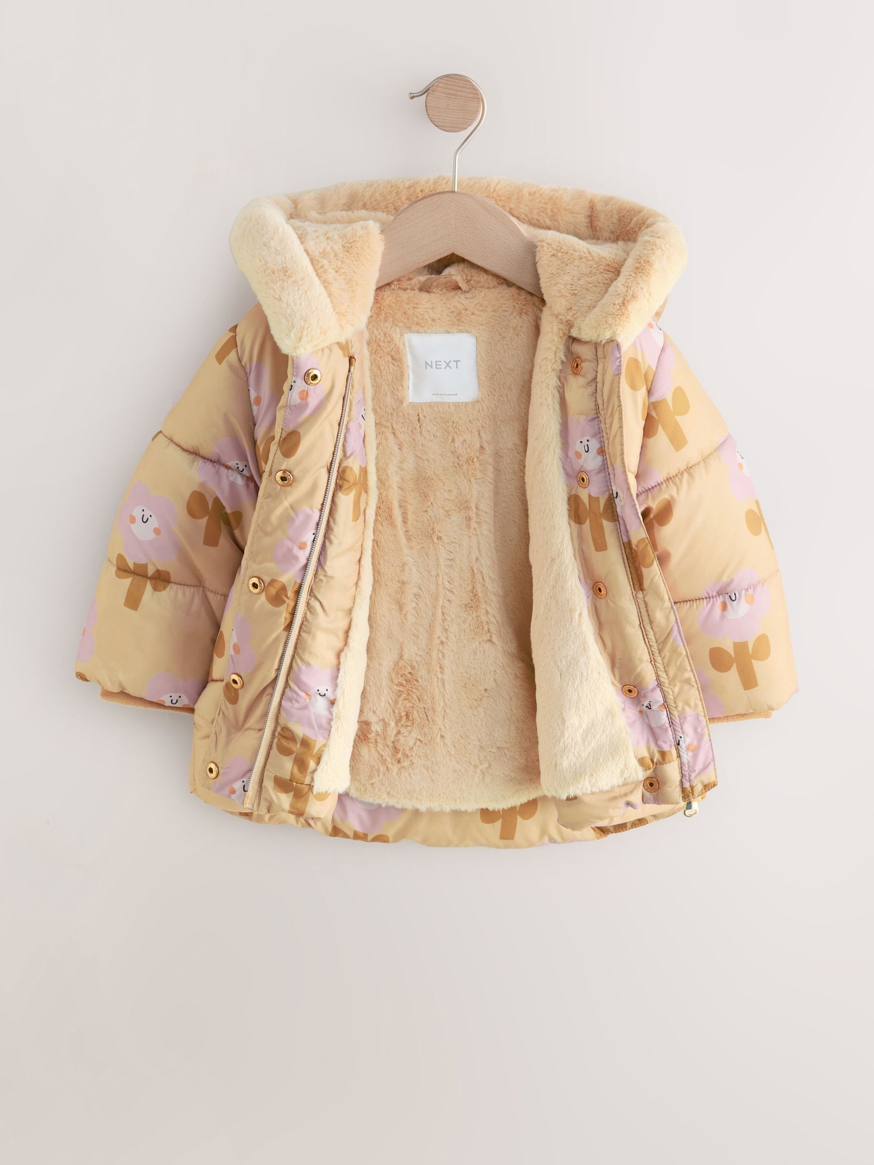 Buy Ochre Yellow Shower Resistant Faux Fur Trim Padded Coat (3mths