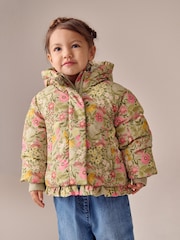 Green Floral Shower Resistant Frill Hem Padded Coat (3mths-7yrs) - Image 1 of 10