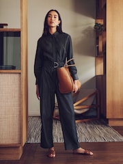 Vivere Blue Gabriel Denim Belted Long Sleeve Jumpsuit - Image 1 of 6