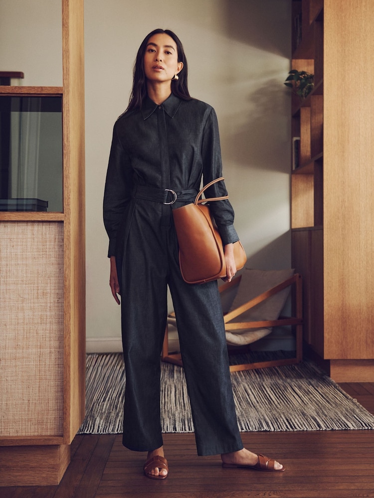 Vivere Blue Gabriel Denim Belted Long Sleeve Jumpsuit - Image 1 of 6
