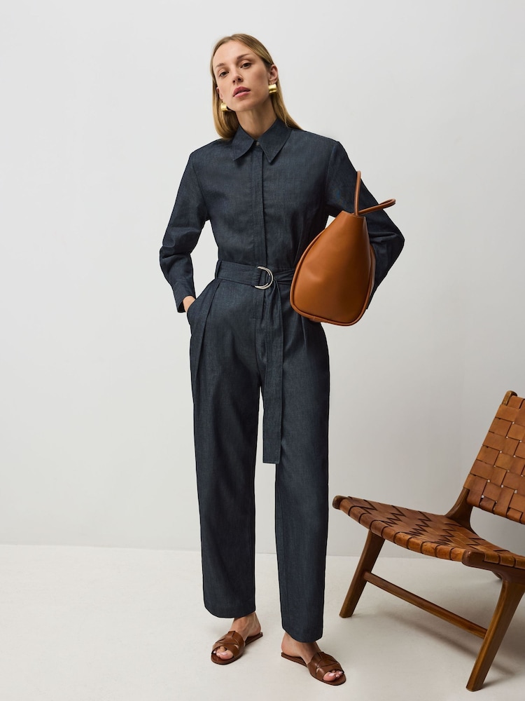 Vivere Blue Gabriel Denim Belted Long Sleeve Jumpsuit - Image 2 of 6