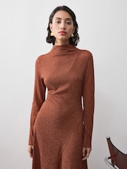 Vivere Orange Lisa Sparkle Long Sleeve Midi Dress - Image 2 of 5