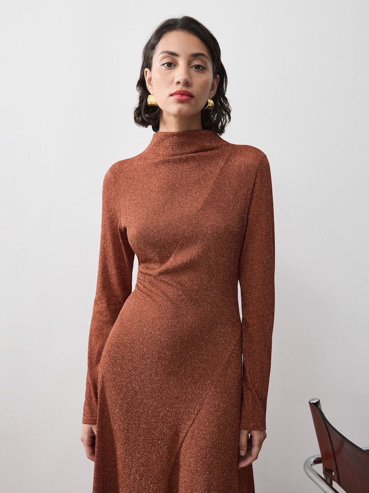 Vivere Orange Lisa Sparkle Long Sleeve Midi Dress - Image 2 of 5