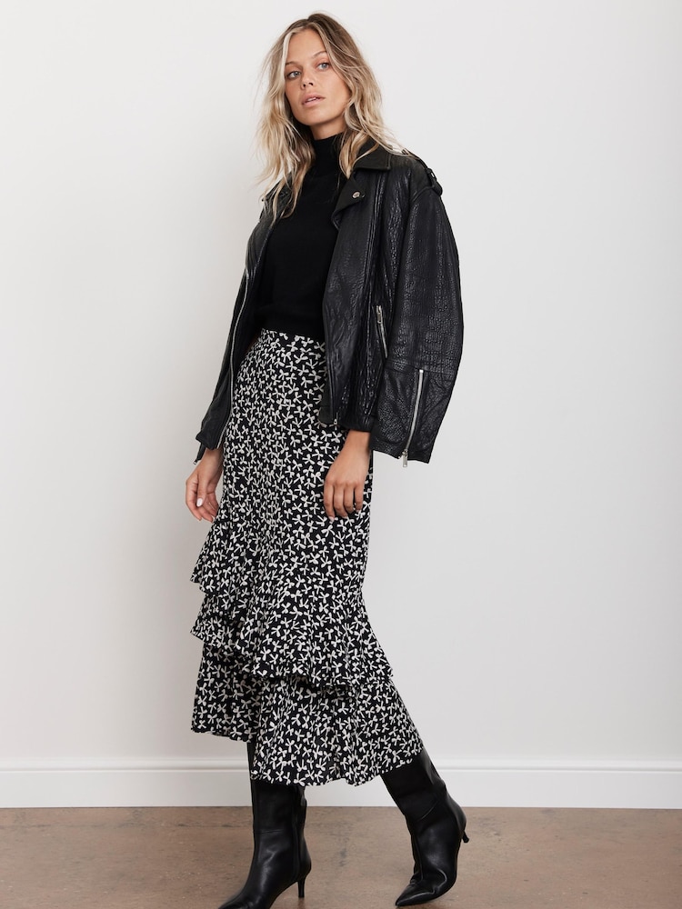 Mint Velvet Black Bow Print Ruffle Midi Skirt - Image 1 of 7