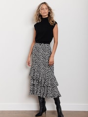 Mint Velvet Black Bow Print Ruffle Midi Skirt - Image 2 of 7